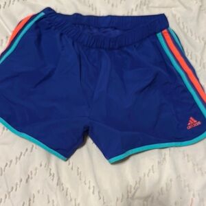 Adidas Women's Royal Blue Athletic Shorts with Orange and Teal Accents